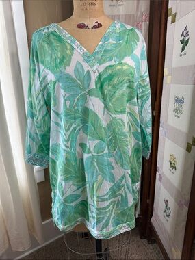 Christian Siriano New York Green Tropical Tunic Blouse L Boho Cotton Embroidered